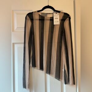 Zara Black and Tan Sheer Striped Blouse NWT